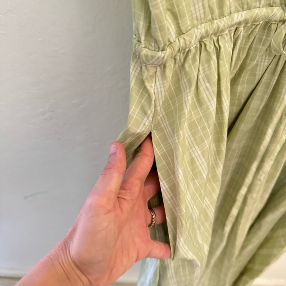 MADEWELL Green Cream Plaid Gingham Tie Waist Midi Dress Puff Sleeve V Neck M - Picture 6 of 11
